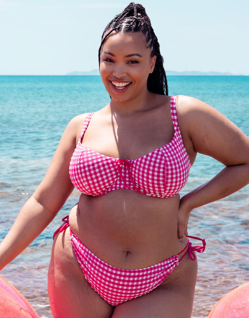 Curvy Kate Holiday Check Scooped Balcony Bikini Top Raspberry Pink