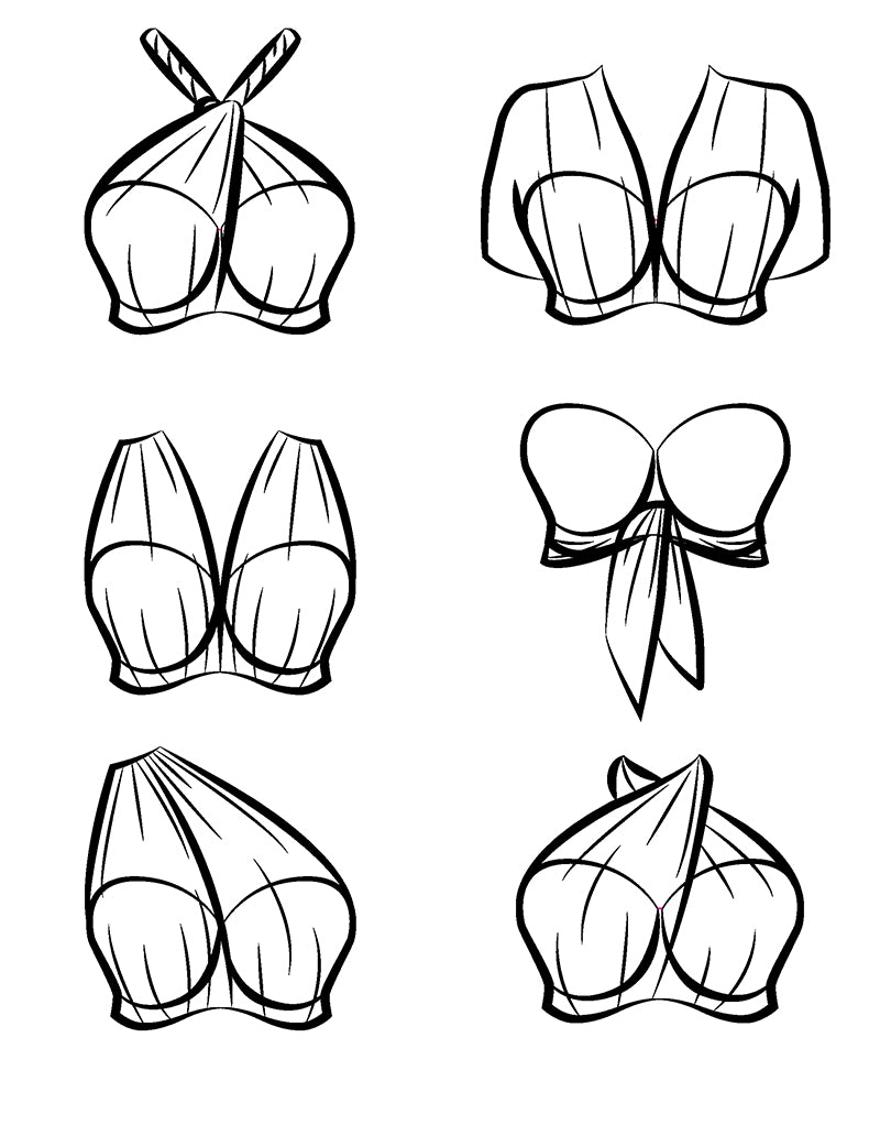 An illustration showing a few different ways to wrap the Curvy Kate Wrapsody bandeau bikini top.