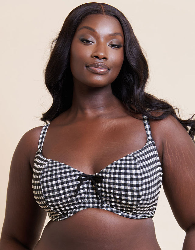 Curvy Kate Holiday Check Scooped Balcony Bikini Top Black